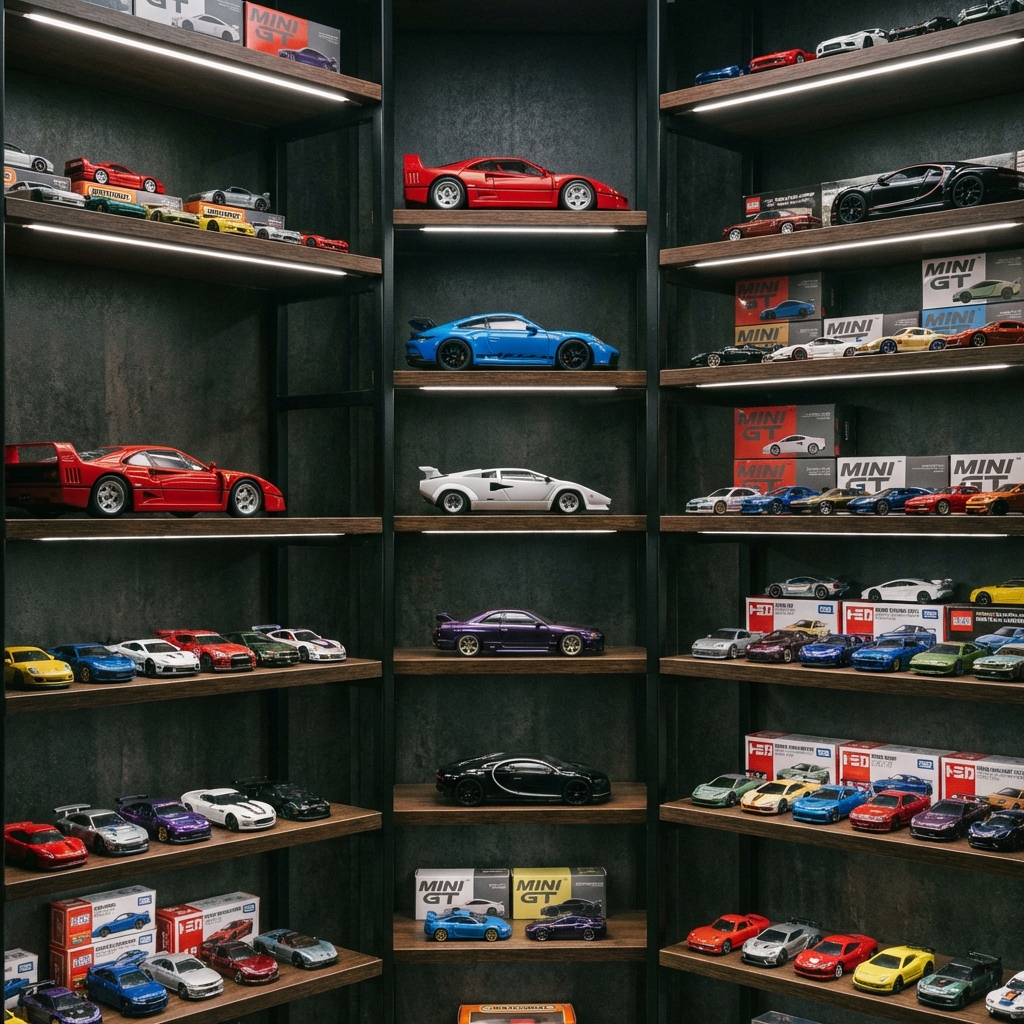 Kolekcjonerskie modele samochodów na półkach